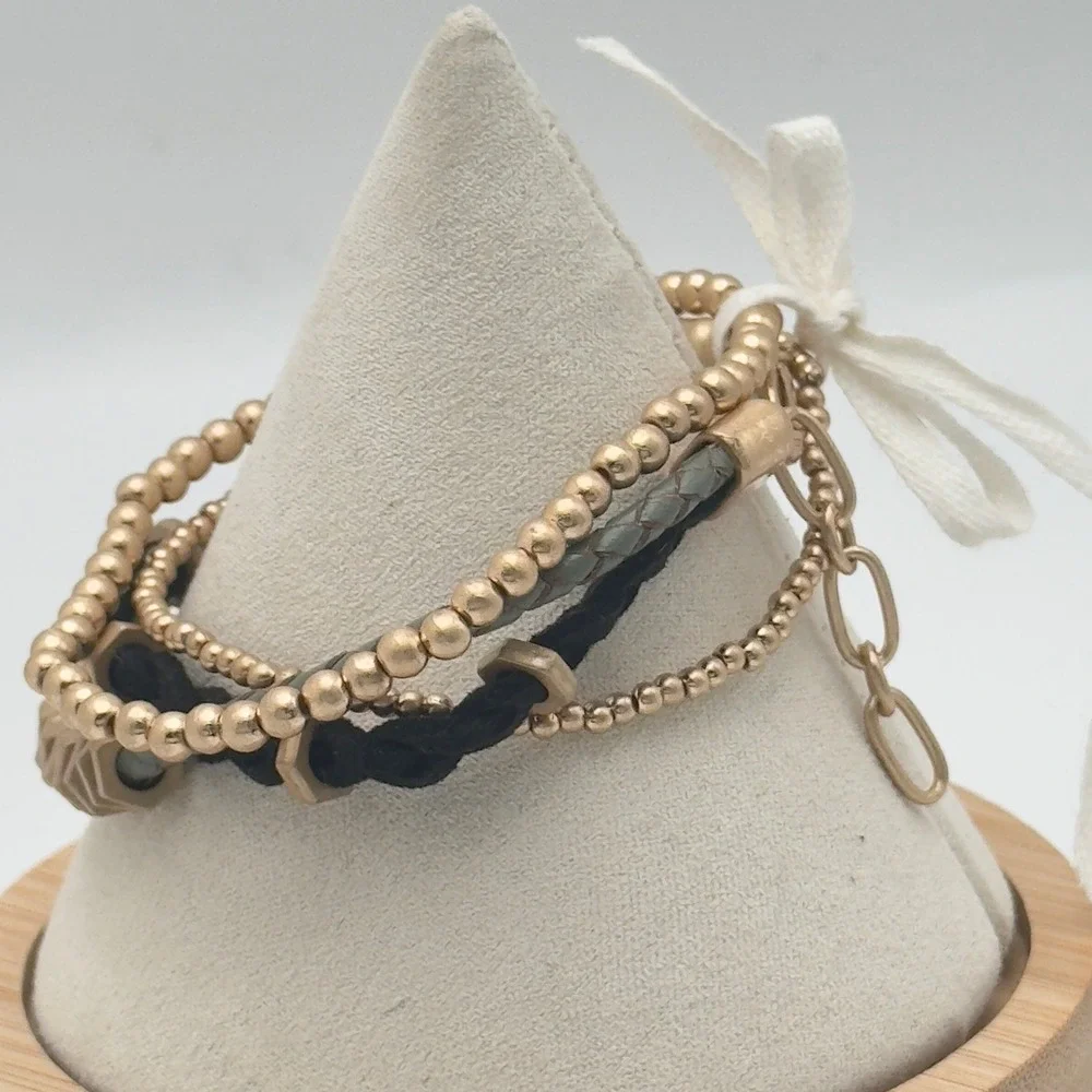 Layered Beaded‎ Wrap Bracelet Gold Tone